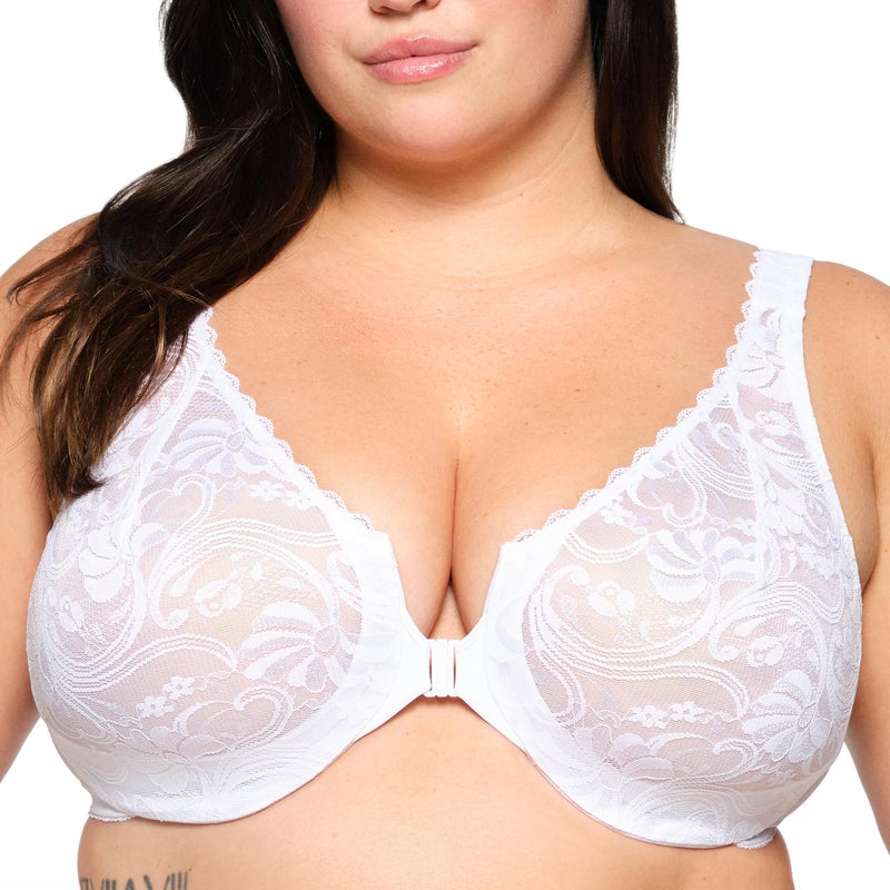 Glamorise Full Figure Plus Size Wonderwire Front-Closure Stretch Lace Bra Underwire #9245 White - Image 1